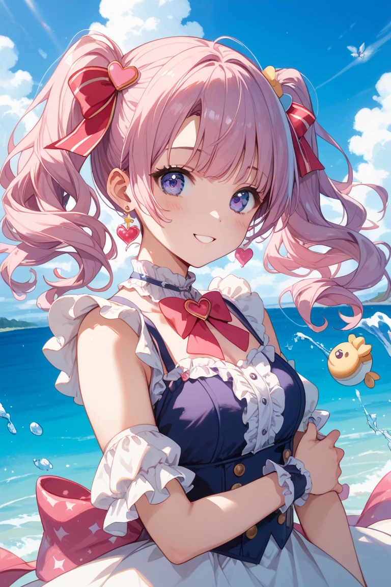 1girl,solo,cute,pink hair,cleavage,bikini,in beach,blue sea,low angle