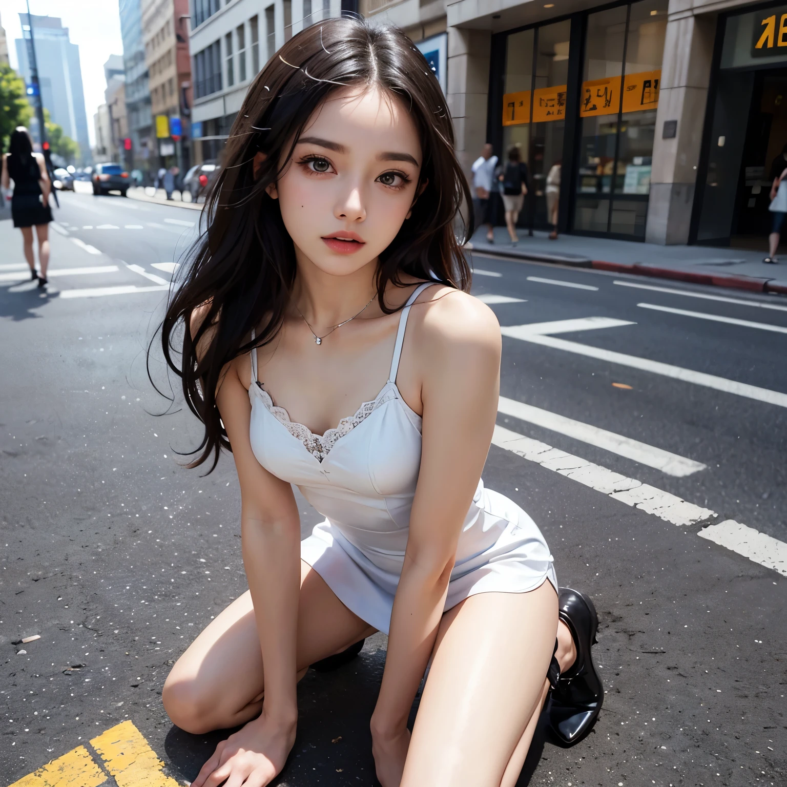 Abandoned city scene, best quality, full body portrait, delicate face, 18-year-old girl, slim body, small bust, white transparent bikini, looming, panties to crotch, facing the camera, sitting on the ground, spread legs, full of garbage, greasy, sweaty, dirty and dilapidated