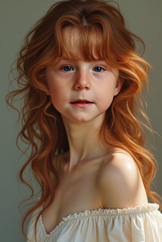 Make a redheaded child, sitting leaning against something, facing forward, still life in oil painting format 