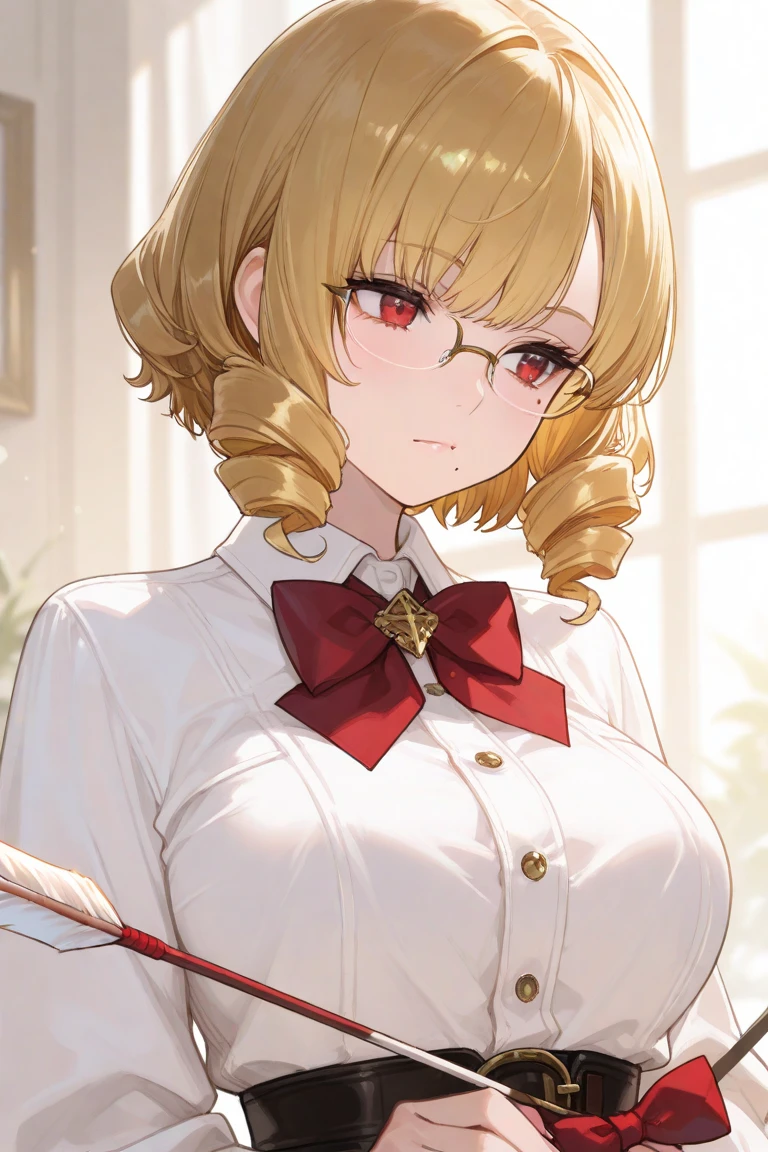 masterpiece, best quality, purah, red glasses, hair ornament, white jacket, sleeveless shirt, black skirt, upper body, from above, looking at viewer, smile, open mouth, furrowed brow, rustic village