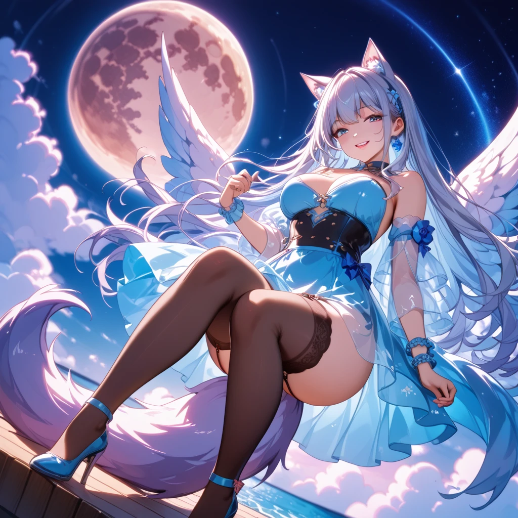 ((top-quality)), ((masterpiece)), (ultra-detailliert), (illustratio), (Detail light), (an extremely delicious and beautiful), girl with, cute face, The upper part of the body, Two feet, long skirt, (beautifully detailed eyes), Red eyes, Messy floating hair, Silvery hair,Fox ears,Colorful inner hair, Starry dotted hairs, (lots_of_big_colorful_Bubble), 【pearls】, 【milkyway】, depth of fields, 【Ice crystals】, (Snowflake),Off-the-shoulder clothing,frilld,loli big boobs,Large chest,