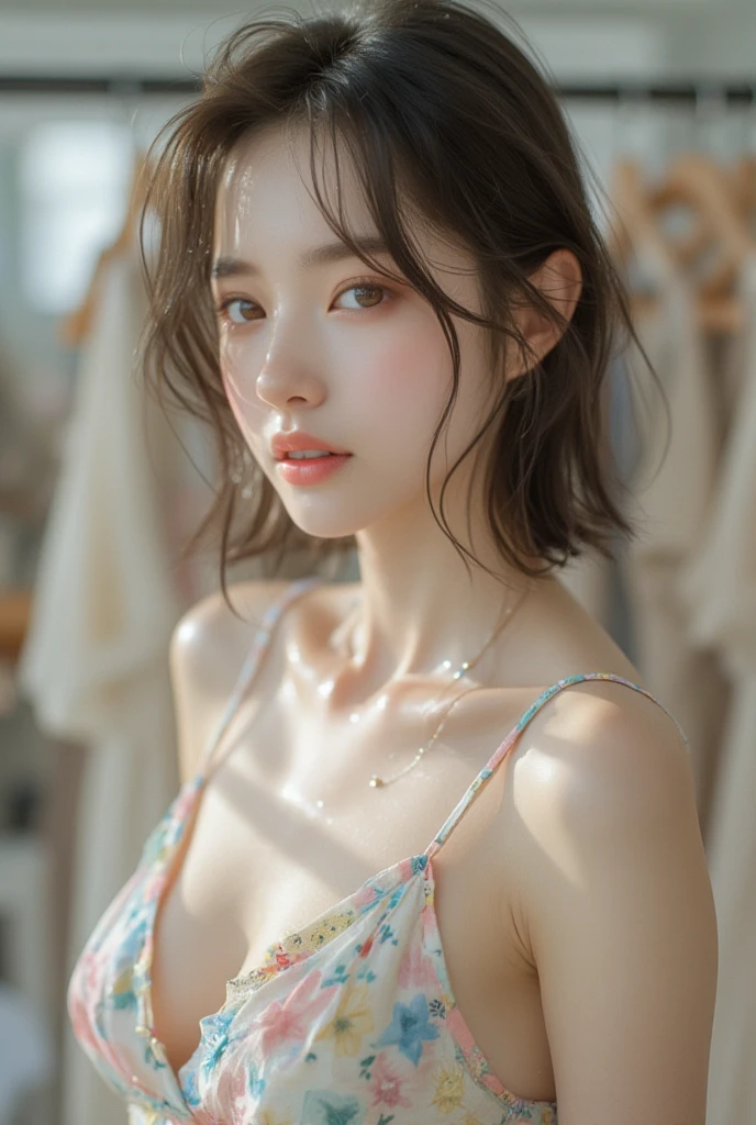 film photography, 1girl, pink shirt with collar, wet skins, seductive smile, medium breast, full body, drunk blush:1.5, wavy shoulder-length hair, serene, calm, (realistic detailed eyes, natural skin texture, realistic face details), soft dramatic lighting, depth of field, bokeh, vibrant details, finely detailed, hyperrealistic, indoor