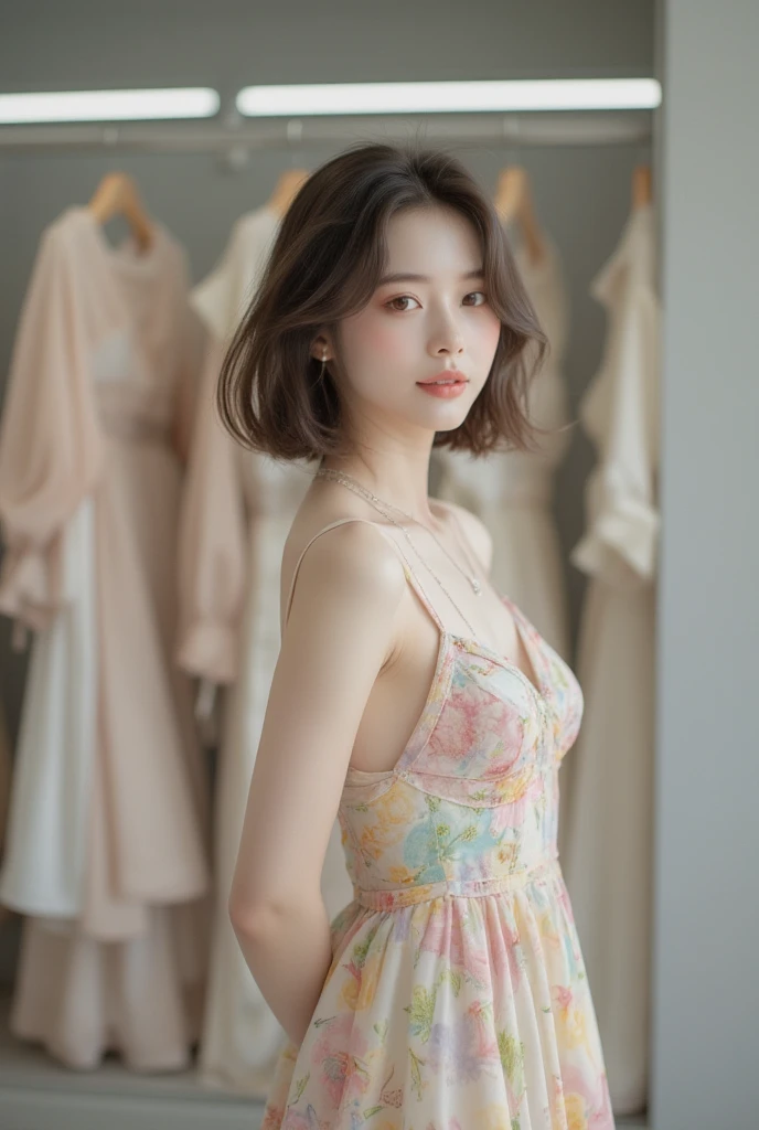 A beautiful Japanese girl is depicted in a vertical, ultra-realistic illustration. She has short, light-colored hair that frames her delicate face, with her eyes closed in a serene expression. She wears a thin, translucent dress with a subtle floral pattern, the fabric gently clinging to her form. The soft lighting highlights her smooth skin and the delicate textures of the dress, creating a dreamy, ethereal atmosphere.
The background is minimalistic and light, emphasizing the girl's calm and peaceful demeanor. The artist employs digital painting techniques to achieve high detail and realism, particularly in the rendering of her hair, skin, and the semi-transparent fabric of the dress. The use of soft gradients and subtle shadows enhances the sense of depth and realism, making the image both captivating and serene.