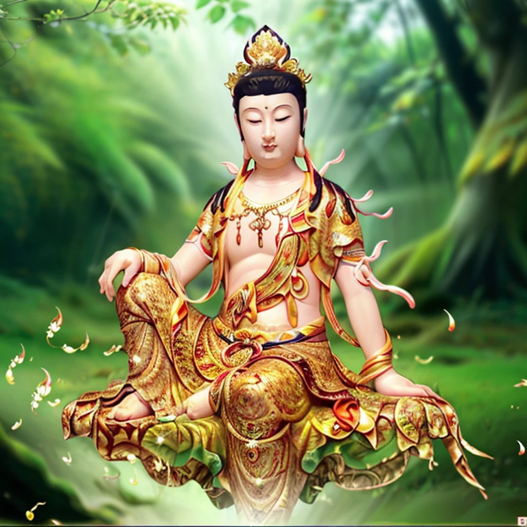 Guanyin sitting on a lotus flower seat, Guanyin Bodhisattva, Avalokitesvara, Chinese temples scattered in the forest not far away, waterfall cascading into a lake or stream in the background, mountains and briliant small lake in the background, Lotus in the foreground, Clear and distinct fingers, clear and distinct toes, clear and distinct facial features,jewelry, leaf, lily flower, lily_pad, necklace, plant, solo, chinese temple, path, cherry blossom,Best quality, masterpiece, 1 woman,  full body portrait, detailed face, beautiful eyes, Eyes slightly open, in autumn ginkgo forest, ancient Chinese architecture, ancient architecture of Tang dynasty, very detailed background. solo