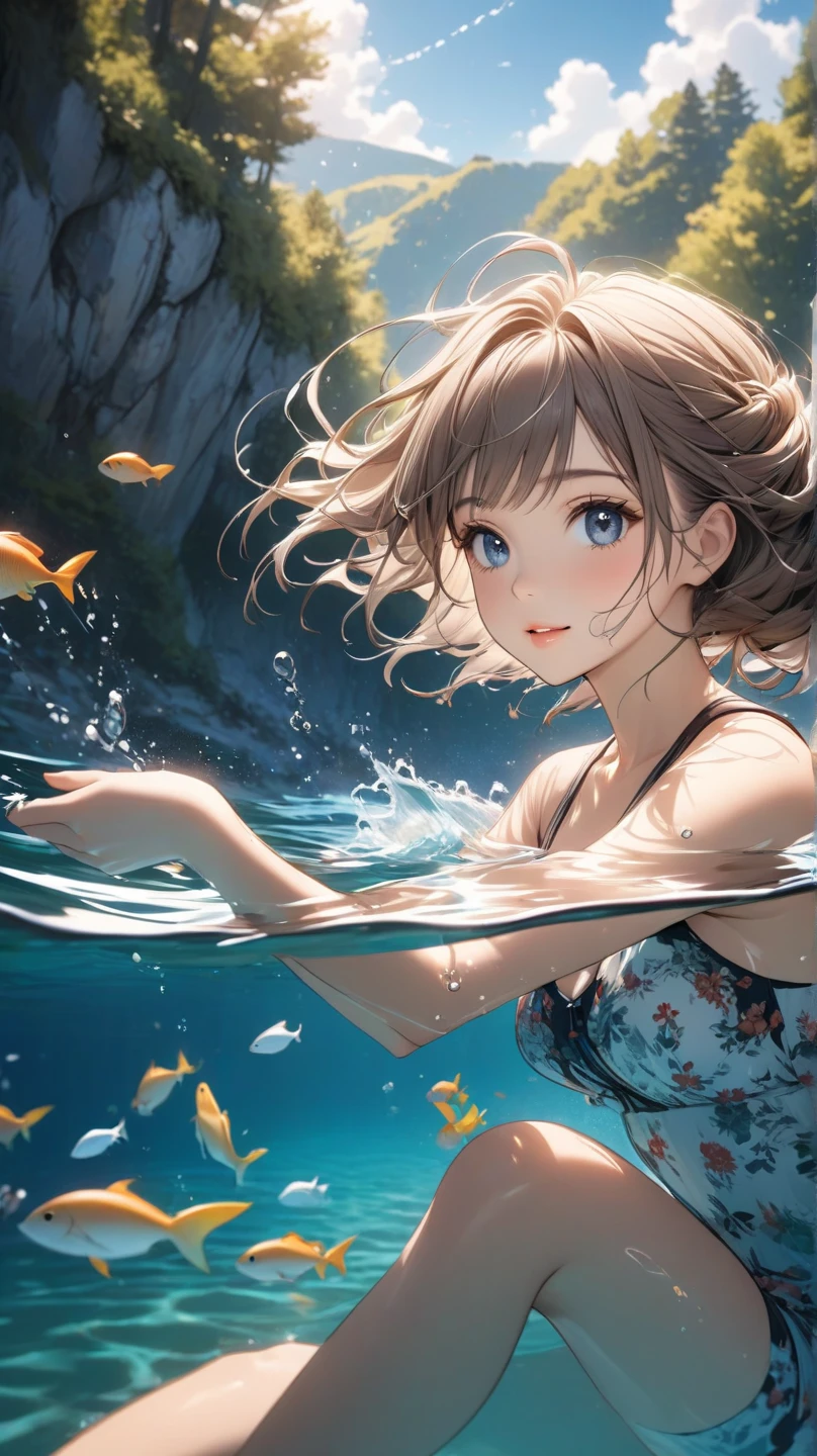Mid summer,The bikini,under the water:1.5,dutch angle shot,ground-level shot,low angle,full body shot,long shot,Under the sea,diving:1.8,Wet hair,swimming:1.6,(Raw photo: 1.2), (Realism: 1.4), (masutepiece: 1.3), (exquisite detailing: 1.2), kiss,Delicate and beautiful details, (Eye Detail), (Facial Detailed), (Highest Quality) :1.4), (Hyper-Resolution: 1.2), cinematric light, (very detailed illustration), Best Quality,depth of fields, Wide light, natural shadows