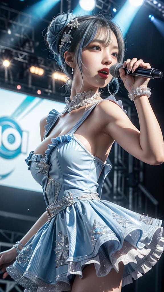 ltra-detailed,highly detailed,best quality,masterpiece,illustration,realistic,photorealistic,
takagaki kaede, 1girl, solo, cosplay, mole under eye,
sleeveless dress,white dress, layered dress, elbow gloves, bare shoulders, pantyhose, ornate clothes,
short hair, bangs, hair ornament, blonde hair, hair flower,
looking at viewer, cowboy shot, microphone stand,
simple background,
<lora:takagaki kaede_v1_02:0.8>