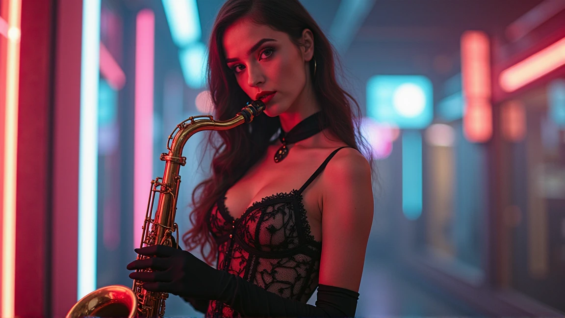 
Woman playing the piano。has a European pattern、black lace bra with European pattern and garter belt、wearing gloves。The skin is whitish 。brown hair up to her shoulders、With bangs、She has curly。she puts her hands on her chin slightly、 has a calm expression 。is toned but、has feminine curves。
old tango bar in Buenos Aires「at the entrance to El Vino、ung people take steps to match tango and、3 customers laugh while drinking wine。wine-colored curtains shake in the background、A passionate night begins。」