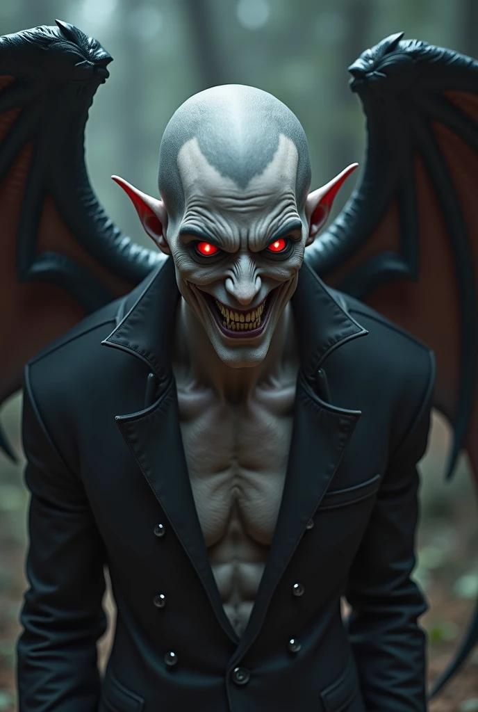 Red eyes, colmillos de dientes de vampire, bold face, blood out of mouth, affected smile,bat wings, scary smile, psychopathic affected smile, Psychopathic Smile, scary, open mouth, angry eyes, vampire, Dark sky background, red + blue + green, glowing red moon