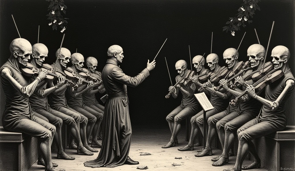 Create an image of the mysterious conductor on the stage, wearing the mask of twisted expressions, surrounded by translucent musicians and their ethereal instruments.