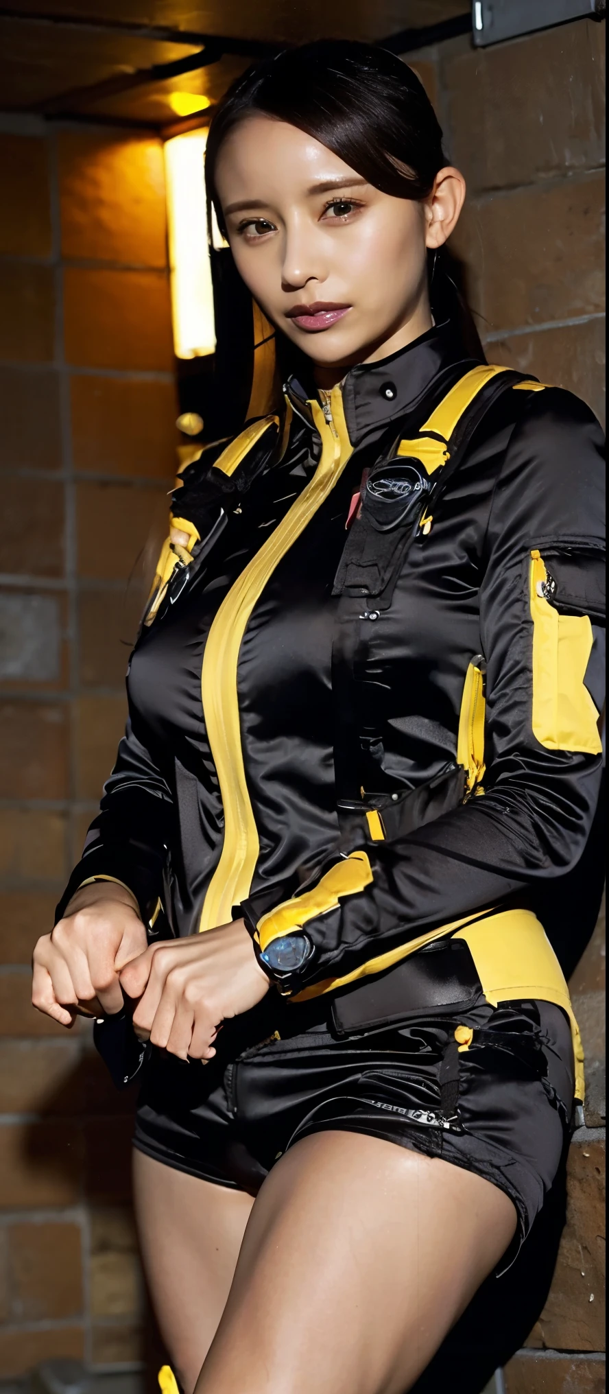 ( extremely realistic ), ( top quality ), ((round, SMALL AND PRECISE FACE )), black gloves,wristwatch,black eyes,short shorts,black shorts, boots, gloves, jacket,shorts, black hair,adult female, Big Breasts,Big Breasts, Her breasts are so big and plump, Her breasts are so big and plump, clothes are perfect for your figure,The nose is small
