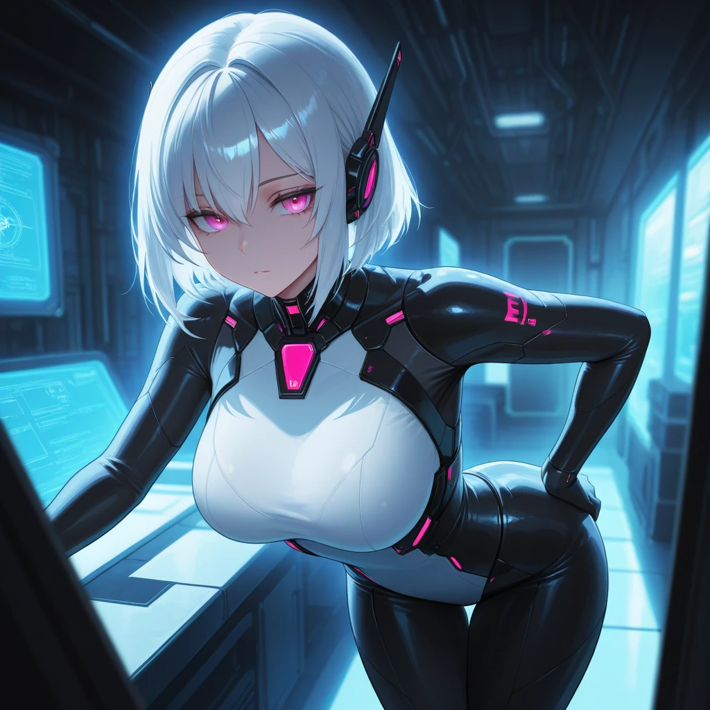 1girl, white hair, very short hair, red bodysuit, bodysuit, green eyes, futuristic, machinery, science-fiction, large breasts, toned, breasts, thick thighs, smile, thighhighs, black thighhighs, ((black thighhighs)), neon trim, neon, neon lights, ((red bodysuit))