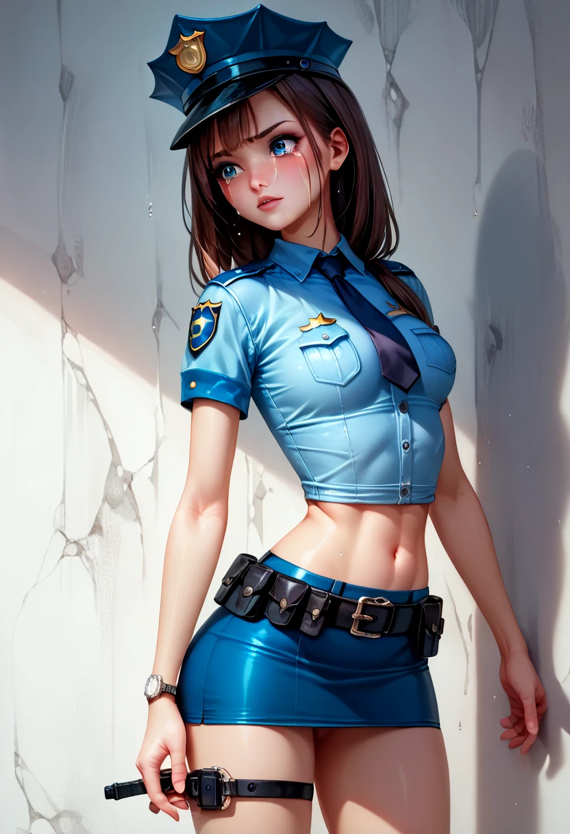 Policewoman,A beautiful full body girl,with fair skin,with short black hair,26 year old,Perfect body with muscularity,short skirt,Black slim-fit leggings,Super sexy scene,facial closeups,A shy look,open open mouth,seductiv