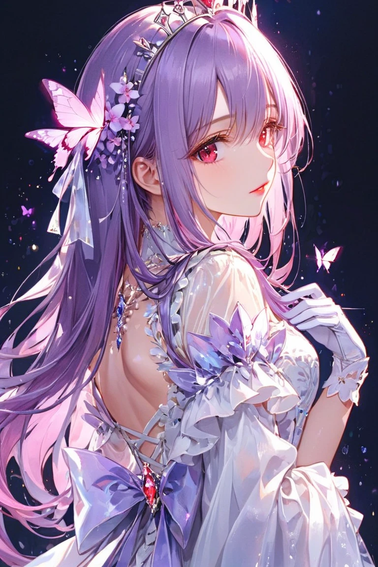 1 girl、Mature、Ample breasts、Long Hair、pale purple hair、pale colour合い、Fleeting、sleepy、pale colourの花、Purple butterfly、Shoulder Bare、necklace、dress、I'll never wake up、Lace fabric、In a dream、Warm sunlight、prism、pale colour、Vanishing、High resolution、Highest quality