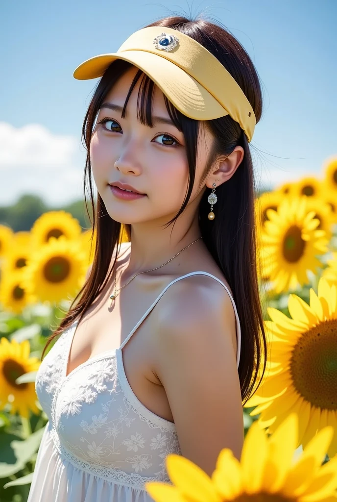 (Highest quality, 32k, High resolution, Masterpiece:1.5, ), marimo_jet, god々A photograph with brilliant dazzling and healing power., Evoking a sense of calm and elusive beauty, Expressing emotions, Have a rich imagination,Beautiful Japanese Girls, An exceptionally beautiful face, Small Face Beauty, Perfect Human Anatomy, Magical big eyes, Motherhood and generosity, Deep Love, fleeting smile, Shiny black hair, ponytail, Asymmetrical bangs, Hair between the eyes, Transparent, soft white skin, Sharp eyebrows, Thin lashes, Natural Makeup, Cheek highlighter, Pale pink detailed lips, , ((Pastel color marble bikini:1.2)), High resolutionの完璧な鎖骨, High resolutionの美しい胸元, Slim figure with ample breasts, High resolutionの美しい太もも, ((Sunflower field:1.3)), ((A background of a faint light shining through a gap in the cloudy sky:1.3)), Professional Lighting, Professional photographer, Professional models, god秘的
