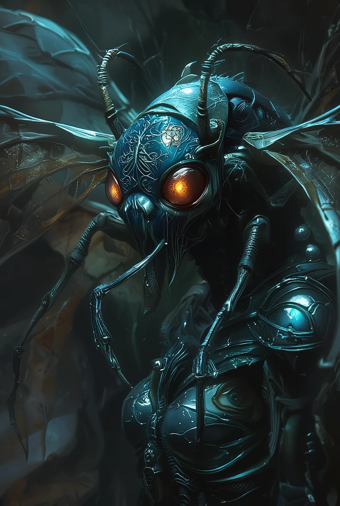 (Best Quality, 4K, high definition, masterpiece:1.2), (super detailed, photorealistic looking happy:1.37), photo taken by professional photographer, a beautiful, extremely sensual queen of bugs, detailed facial features, elegant posture, alluring expression, best quality, 4K, high resolution, photorealistic, HDR, UHD, studio lighting, vivid colors, fantasy scene, dark atmosphere, dramatic lighting, intricate details, macro photography, insect portrait, neon colored
