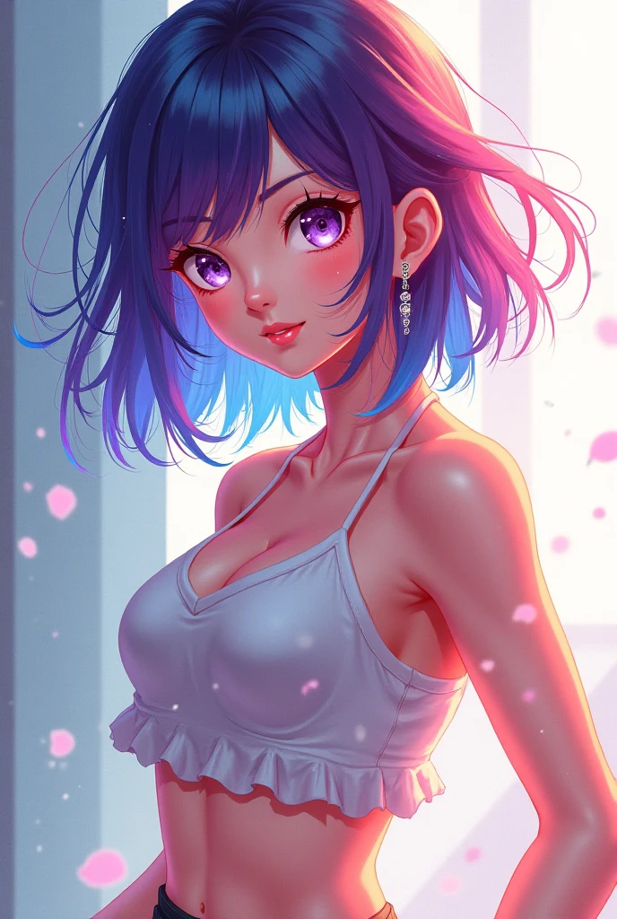 girl with black waist-length hair with light pink tips. she is wearing a black tight thigh-length spaghetti strap dress and a light pink cardigan. wearing a light pink headset. wearing a black high-top converse. aesthetically pleasing  2D focus anime model with a touch of realistic vibes 