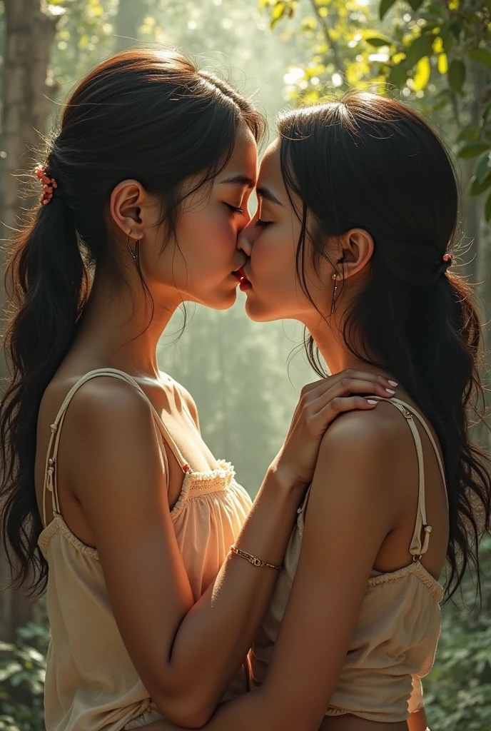 hyper realistic detail photo of young two women deep kissing with tongue, close eyes, tide hugging, jungle, full color of flowers, soft light, ((deep focus)), ((bokeh)), soft focus, The sun is shining through the leaves, fog, ((nude)), The flowers are falling