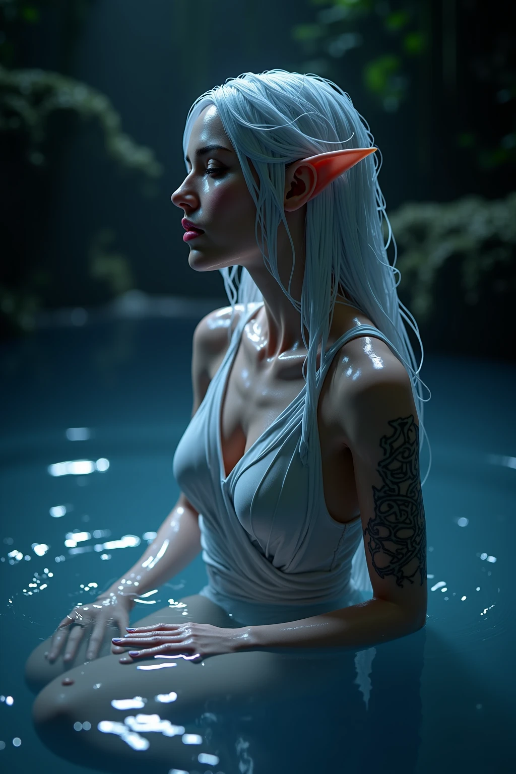 (A moon elf grat resembling Paris Hilton, with platinum hair and eyes, wearing translucent billowing silks), moves seductively through a haunted woods filled with spider webs, moonlit