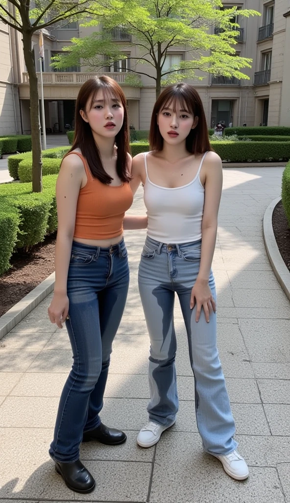 ((Japan Beauty))18year old、childish、poneyTail、(Full body shot 1.5)、A dark-haired、Wearing a white tank top、8K、Super beautiful、masterpiece、a beauty girl、cups(((Big Eyes 1.6))).Beautiful eyes、long lashes、thin lipss、(smile1.3)、white tank tops、Top White、posterior view、Shorts are visible、a miniskirt、Black miniskirt、Short boots、Wear black short boots、Background in the city、Intersection in the background、Background building、real looking skin、Beautiful skins、A mischievous smile、Super beauty、childish、Brown eyes、japanes、Turned、collateral、Constriction of the lower back、Tight buttocks、small ass、Let's take a peek inside、White shorts are visible、stick out buttocks、Rimless glasses、Glasses、Wear glasses、