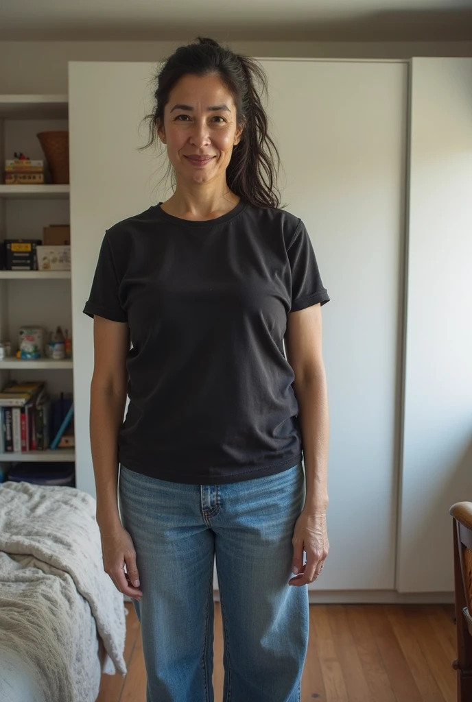 An elderly woman of 70 years, with sexy curves, Skinny body, black hair, White skin, hourglass curves, hourglass figure, hourglass body, very short stature, tight jeans, warm sweatshirt