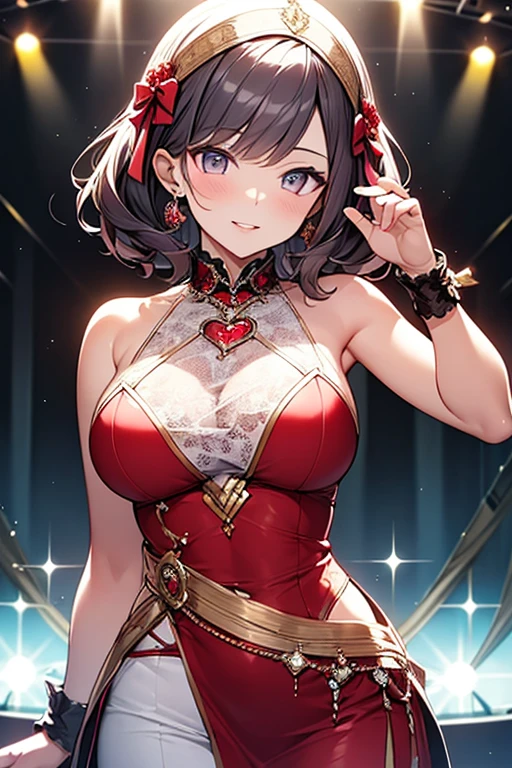 alone、(Hypnotized Cynthia Cartoon_\(Pokemon\)、Hair on one eye、Big Breasts、bangs、Glowing pink eyes、1 girl、White Pantyhose、swirl eyes、Expanding pink eye control、@ @、Hollow Eyes、Hollow Gaze)、indoor、Not aware、swirl eyes、Expressionlesaid、Maid&#39;s Headdress、Wrist cuff、Waist apron、neck bell、throw,No text,marnie