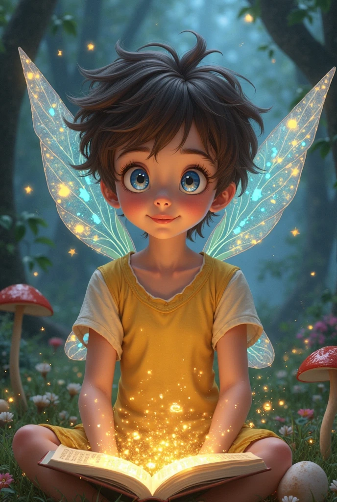A , fair brown-skinned, , shorth hair, curly , brown, holding a shiny sphere, with mosquito wing, big black eyes.  Do it in the Pixar style. In the background galaxy, with the best image quality 