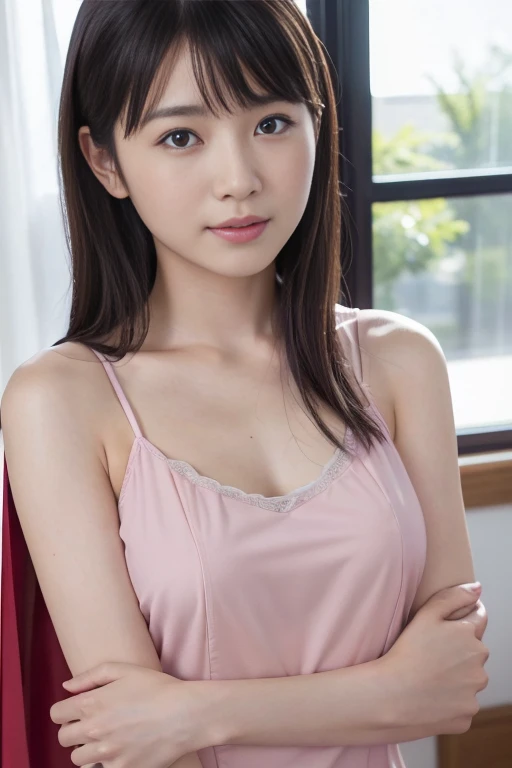 close-up of beautiful Japanese, Eimi Fukada is a Japanese actress and model, age 25 years old girl, youthful face, white skin body, perfect body, very long hair, black hair, straight hair, flat bangs hair, bust size 38 inches, wearing a tight plain hot pink strapless bodycon mini dress, Fukada holding breasts with her own two hands is very sexy and sigh, Fukada squeezes the breasts very seductively, Fukada lowered her dress a little bit, sexy looking pose, pose a naughty look, at a boyfriend bedroom, UHD