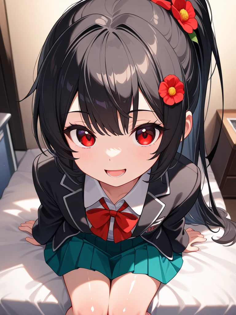 masterpiece, high quality, Perfect Face, Beautiful Face, Photo Background,Perfect Skin, Beautiful Skin, Soft Skin, Glowing Skin, Intricate details, Delicate pattern, best quality, masterpiece, (midnight:1.3),(from front:2),1girl, (Slender:1.3), small breasts, (grayblack hair:1.3),(cherryred colored inner hair:1.2), twintails, (detailed red eyes:1.1), (ass pov:1.2), sleeves rolled up, Long sleeve, black knit vest, plaid skirt,red ribbon,school uniform ,love hotel,(bedroom:1.4), pink room,sit in a bed,(white pantie:1.2),(embarrassed), (blush:1.1),(naughty face:1.2)