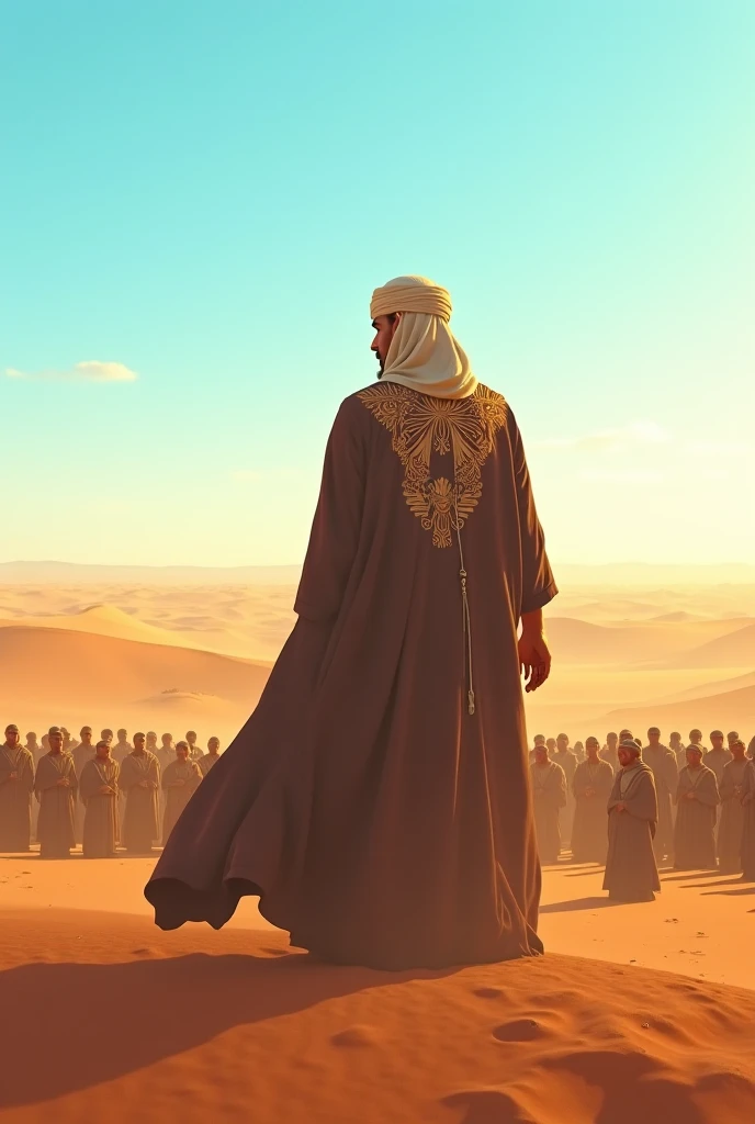 A high-drama anime-style cinematic scene set in a dusty street of 7th-century Medina during mid-morning. The scene captures a heart-wrenching moment: a young Arab man (Ka'b ibn Malik) walking alone through a busy market street. He wears a white thobe and a brown cloak, his posture slightly slouched, eyes full of pain as he looks toward people he once called friends. The surrounding townspeople — men, women, even ren — are deliberately turning away from him, their faces cold, avoiding eye contact, some whispering behind their hands. One of his closest companions is walking past him, expression neutral but refusing to acknowledge him. The environment is alive yet emotionally frozen — warm sunlight cuts through hanging fabrics, casting patterned shadows on clay walls. Palm trees sway softly in the background. The crowd is detailed with historically accurate garments, dust subtly rising from their steps. Cinematic lens blur isolates Ka'b in sharp focus at the center, emphasizing his loneliness amidst the crowd. The emotional tone is heavy, mixing betrayal, sorrow, and social exile — all in richly colored, soft-lit anime style with high-end studio quality