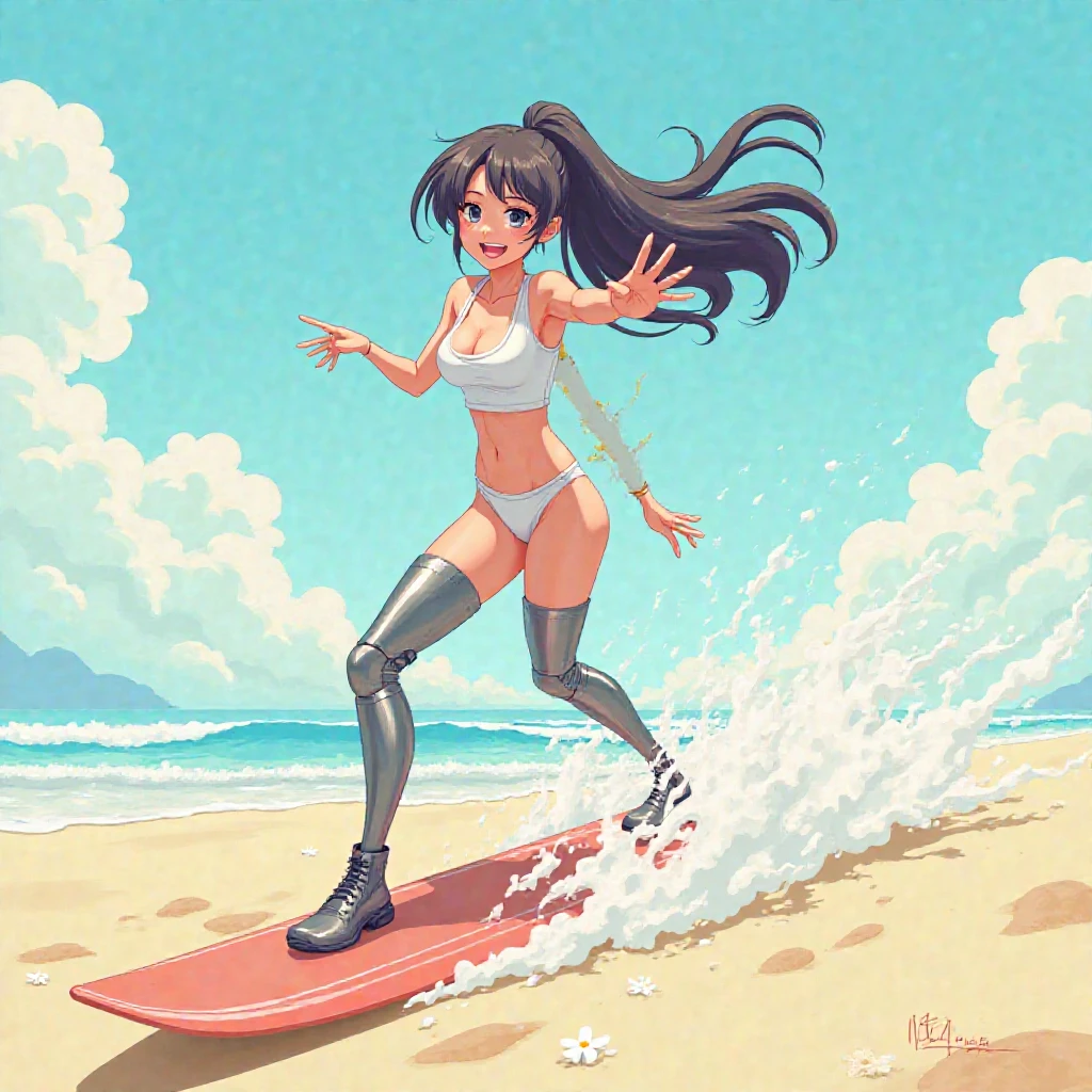 Beautiful girl with tanned skin, brown long hair, wearing a bikini, surfing at sea, (1 Girl), (Full Body), Beautiful young face, innocent expression, smiling, ((Perfect face)), ((perfect hands)), natural light, beautiful lighting, beautiful colors, semi realistic style, ((Beautiful detailed eyes)), ((Beautiful detailed face)), (((Master piece, best quality, high resolution))) ((high detail)), ((High Definition))