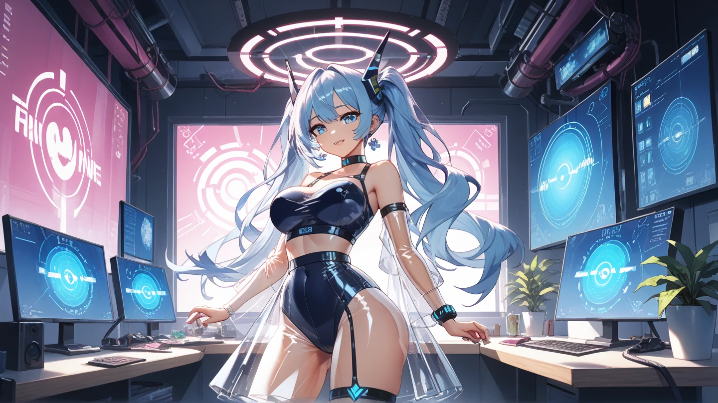 Sexy, Half naked woman, cyberpunk gamer girl in a small futuristic trading room.