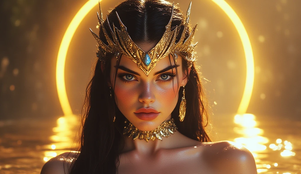 Young Amazon pale white skin, perfect, liquid metal gold, lingerie molten gold slime girl, cubren sutilmente su entrepierna tatuajes varios de diseños intrincados usa joyería con piedras preciosas su cuerpo es perfecto en forma de reloj de arena bien tornea y tonificado semi musculoso senos medianos firmes piel perfect su rostro es hermoso como una diosa sus ojos rasgados perfectos color azul hielo brillante sumamente expresivos sensuales que enamoran a quien los vea en el fondo se ve la selva cubriendo una ciudad futurista ella es una diosa en su máxima expresión 