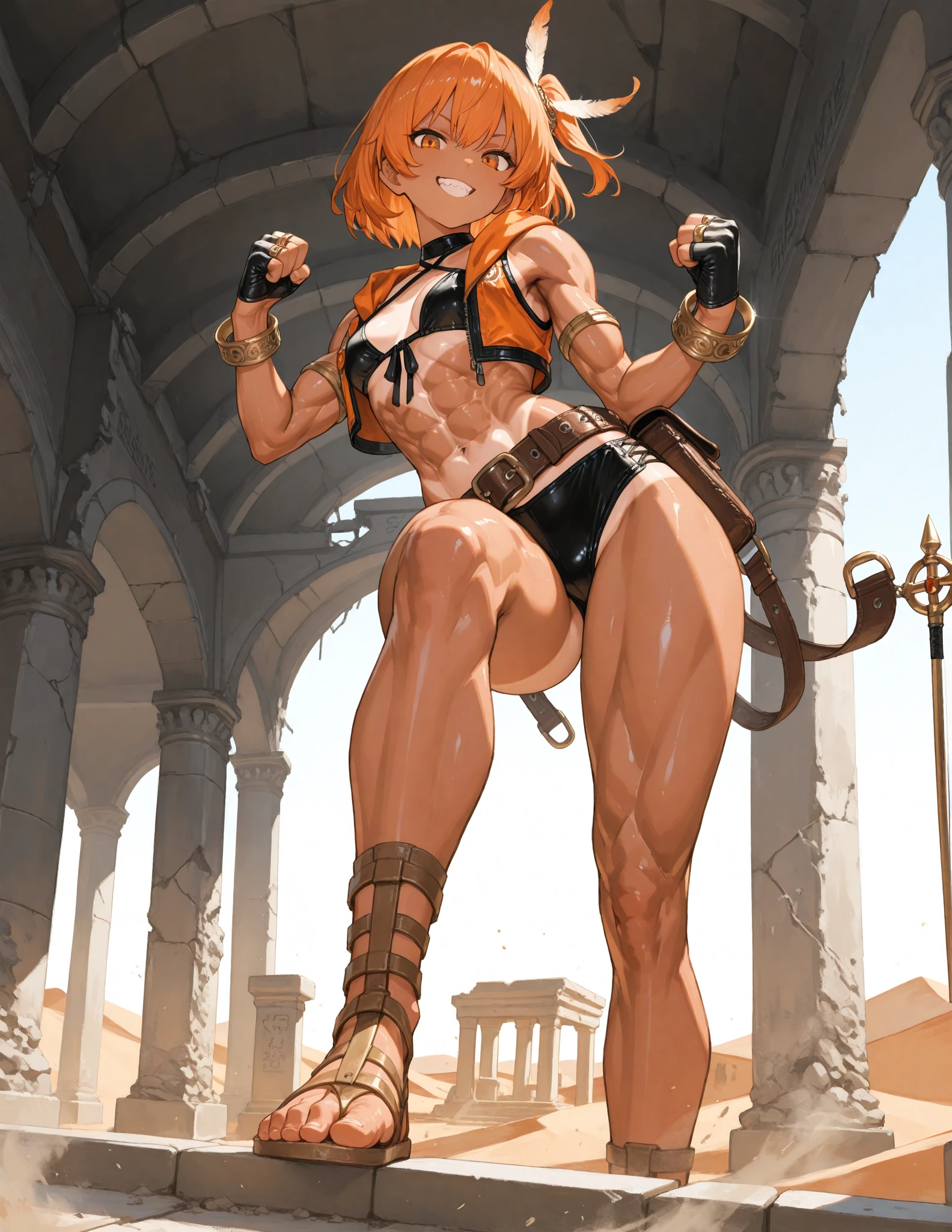 (masterpiece), best quality, female warrior, dark fantasy, huge girl, female muscular:1.2, ginger hair, curvy:1.6, (thick thighs:1.6), (((blank background))), ((full body)), fingerless gloves, long boots, sleeveless, (straight hair), (fur top) , strapless top, (spread legs), (squatting), ((legs apart)), (from behind)