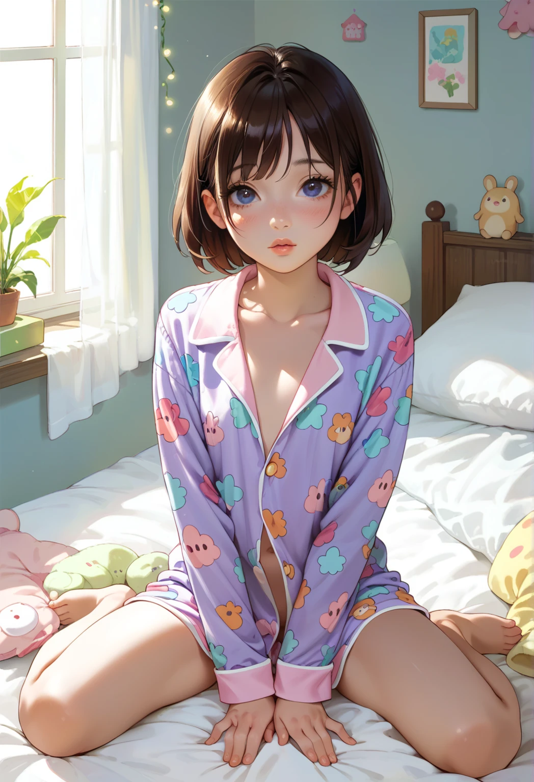 (highest resolution, distinct_image) The best quality, a woman, masterpiece, highly detailed, semi realistic, 21 years old, cute, young, beautiful, naked oversized t-shirt, shirt tug, collar on neck, indoors, modern bedroom, window, waking up, morning, blushing