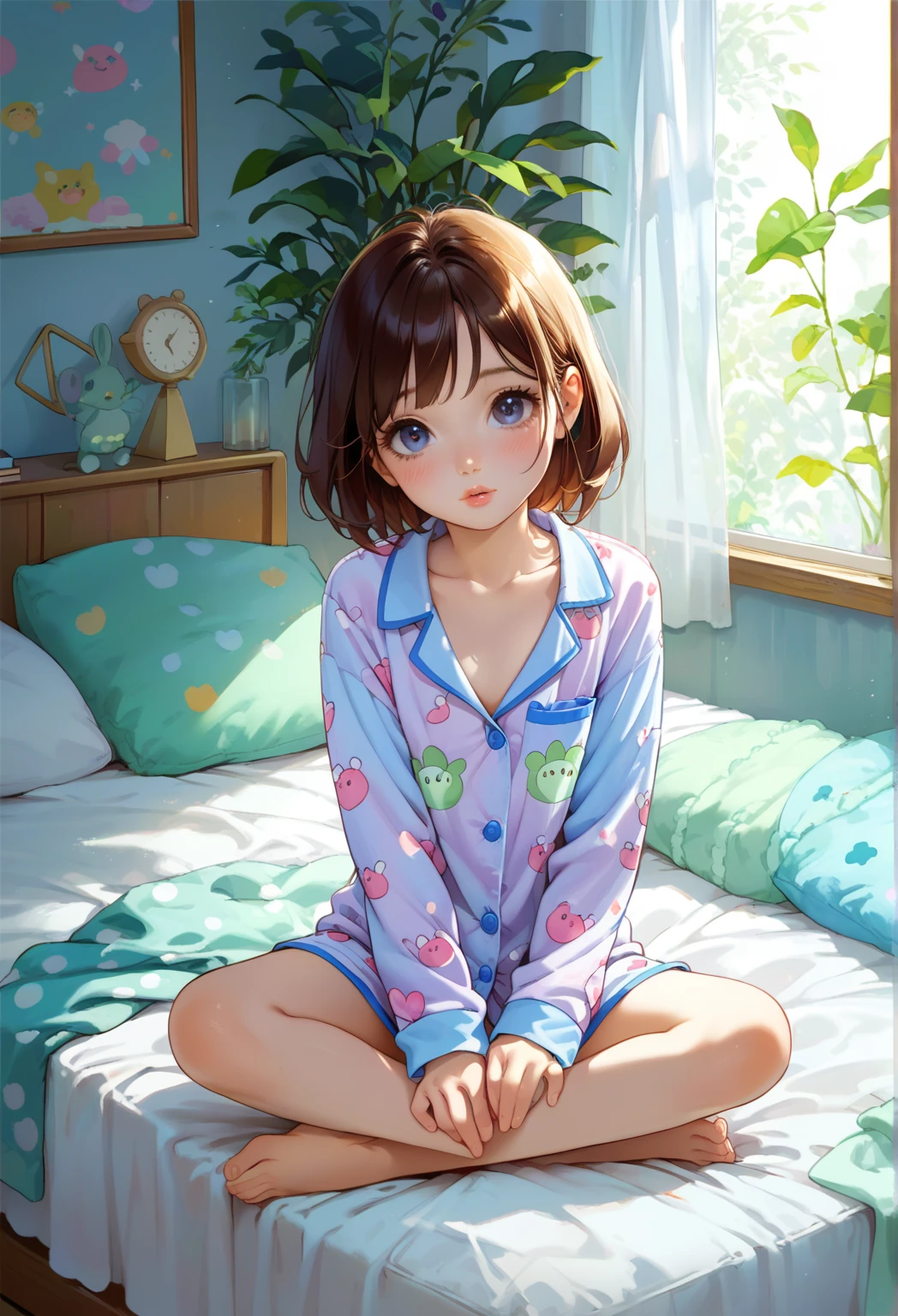 Sofia menina de 9 anos pele clara usando camisa rosa em um quarto com tons de verde se preparando para dormir