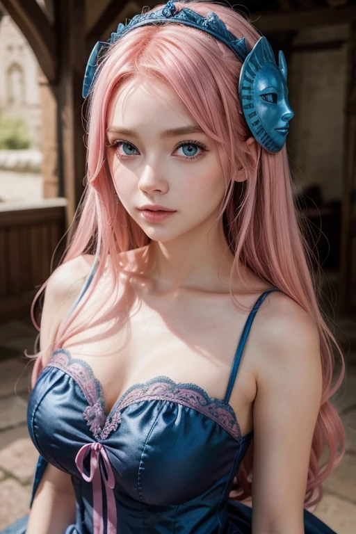 A charming young girl with pink hair cascading down to her shoulders and captivating blue eyes gazes right at the camera. Her pink locks are bouncy and curious, framing her rosy cheeks andPlayful lips. She is dressed in a simple outfit, allowing her vibrant hair and striking eyes to be the focal point. Her pink bow accessory adds a playful touch to her overall appearance. The image is rendered in extremely high quality, with meticulous attention to detail and lifelike textures.