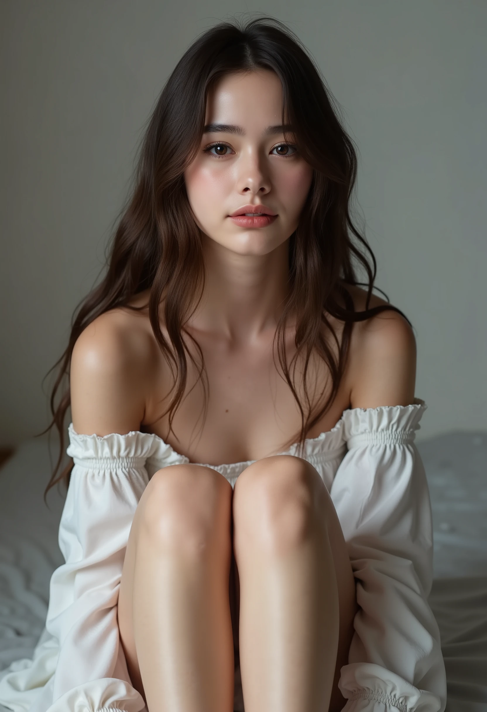 pretty girl, smile, no make up, dark circles, full body shot from the front, off shoulder mini one-piece pajamas please,   Bend Your Knees, widens legs, pose with legs crossed, and sit down staring at me,  Slender Naked Legs, , has a monotone background, studio lighting  

