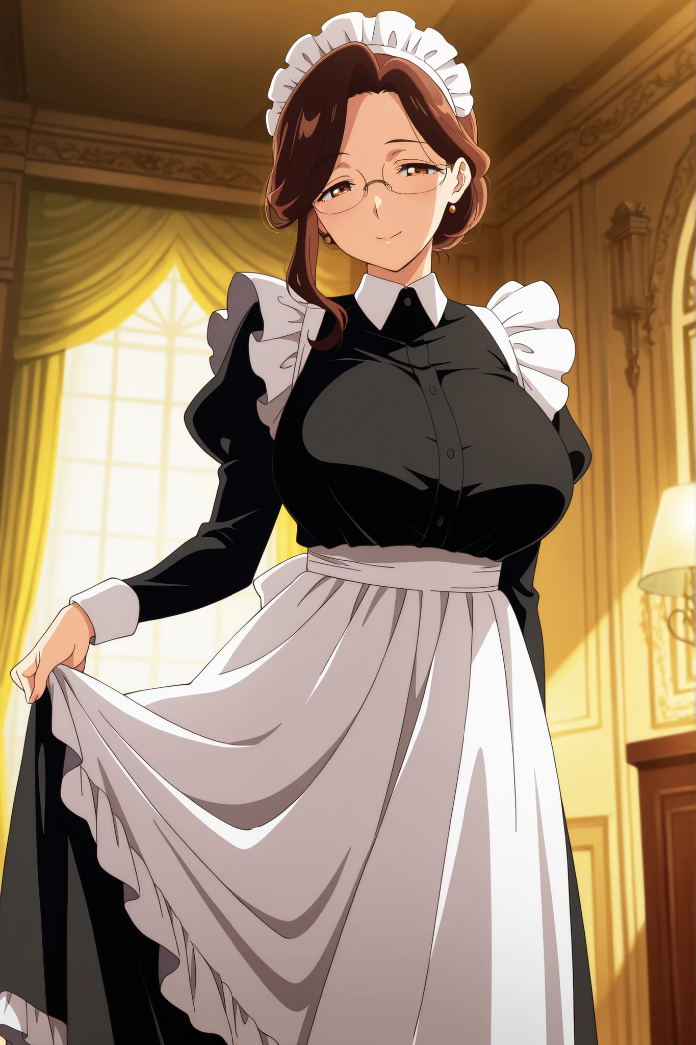 masterpiece,best quality,amazing quality,very aesthetic,newest,anime screencap,1girl,maid,mature female,glasses,expressive pose,natural lighting,elegant interior,ornate decor,warm color palette,8K resolution,studio lighting,extremely high detail,intricate textures,vibrant colors,depth of field