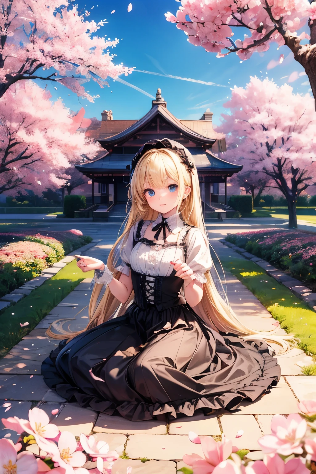 masterpiece,Best Quality,very detailed,photorealistic,realistic, Ultra High Resolution, Masterpiece,pretty girl,elegant,Age 15,long blonde,skinny,perfect eyes,slender,very cute, Gothic ta Dress , frill,cherry blossoms in full bloom,Cherry blossom trees,hanami,garden, correct handshake,Active Poses,Outdoors, picnic
