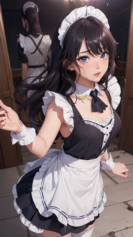 Takiinoue, Takina Inoue, long hair, bangs, twin tails, black hair, (purple eyes:1.2),Maid clothes, hair ornaments, cleavage, maid headd again ss, removed sleeve, ribbon,break indoors, Cafe,break looking at viewer, (cowboy shot:1.5),break (masterpiece:1.2), highest quality, High resolution, unity 8k wallpaper, (figure:0.8), (beautiful and fine eyes:1.6), highly detailed face, perfect lighting, Very detailed CG, (perfect hands, perfect anatomy),