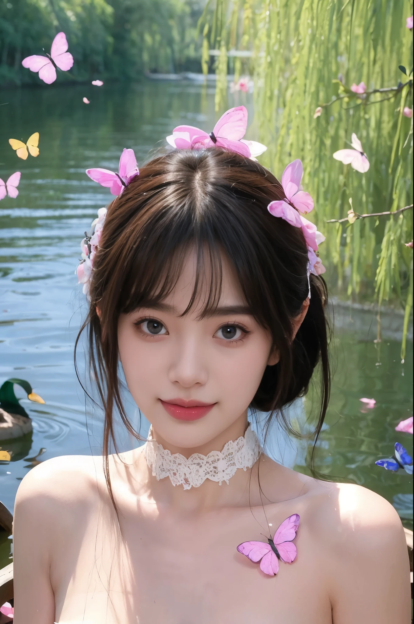 A girl with a light blue butterfly motif