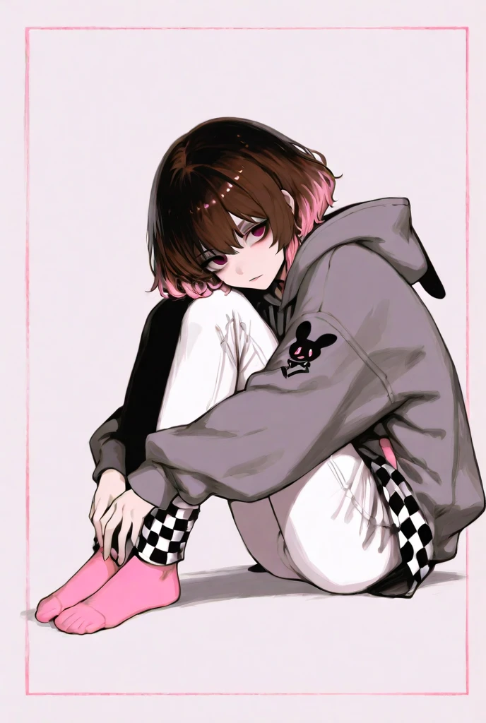 19 years old male, White Asian, Wavy chestnut black hair with subtle highlights, Oversized pink hooded jumper with cute cat graphic, Wearing black corduroy shorts, Oversized black round framed glasses, Slanted blue eyes.