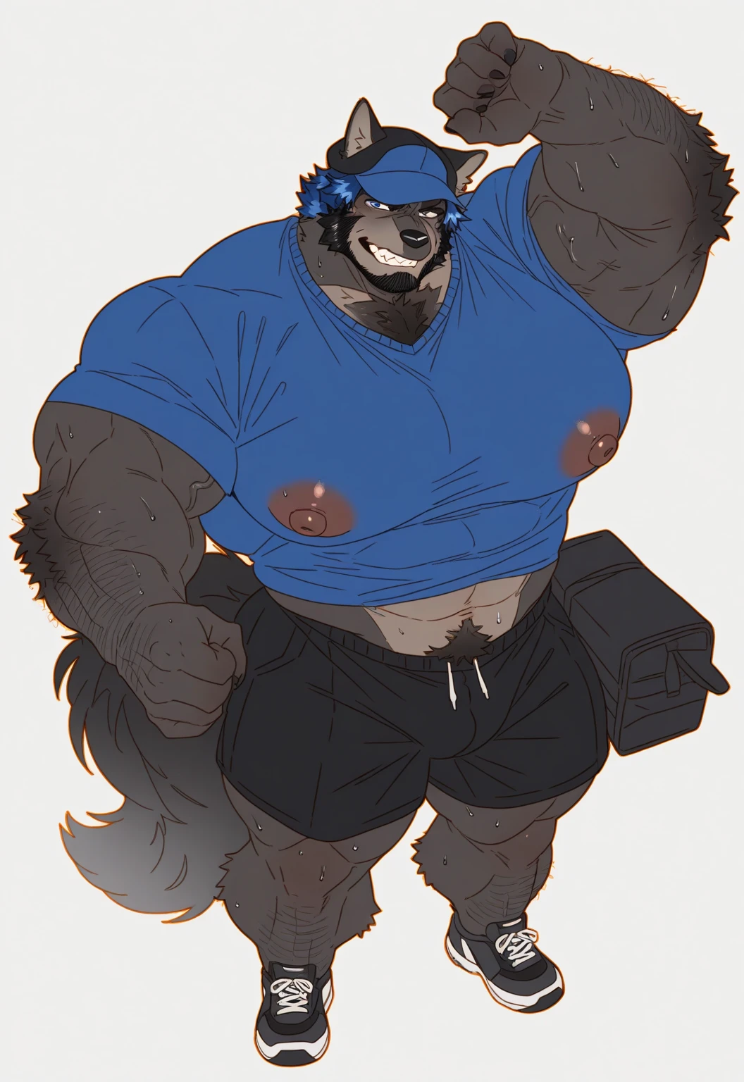 1 person、middle aged、Stubble、male、gray spot hyena man,　Grey body、masterpiece、highest quality、Revealing light blue lace underwear、Knee-high socks、Full body illustration、garter belt、Ocean、see-through baby-doll 、smile、Showing teeth
