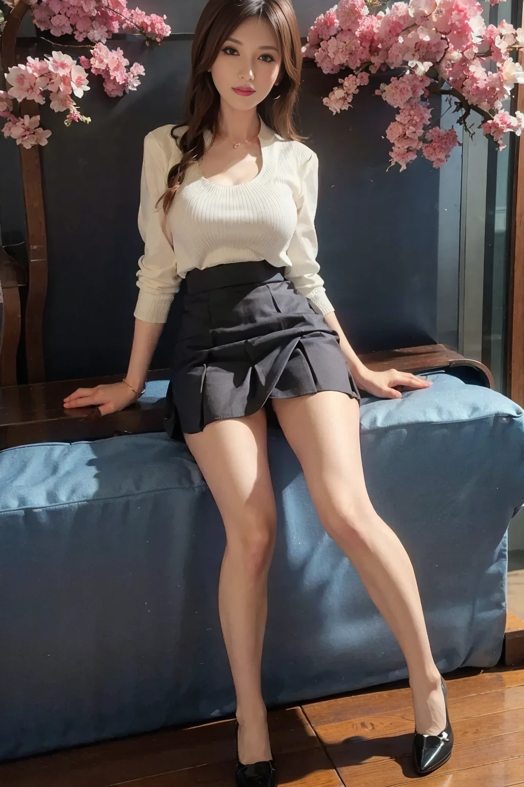 masterpiece, highest quality, High resolution, solo presentation, An office lady around 25 years old, Elegant curves with a well-proportioned body shape, Swish pleated flared skirt that sways with every step, High heels add an inch to her height, lengthen her graceful strides, Bob hair neatly styled with some loose hair framing the face, Create a vintage look with garter stockings and anklets, Chubby but toned body, Curves in all the right places, She exudes confidence and poise as she spreads her legs for a portrait., Light makeup that highlights delicate and beautiful fair skin, subtle pink blush