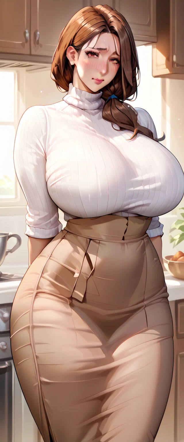 Highest quality、One woman、Brown Hair、Wavy hairstyle、shoulder-length hair、Female, 34 years old、Married Woman、milf、((Huge breasts:1.5、sagging breast:1.5))、apron、off-shoulder sweater、garter belt、pantyhose