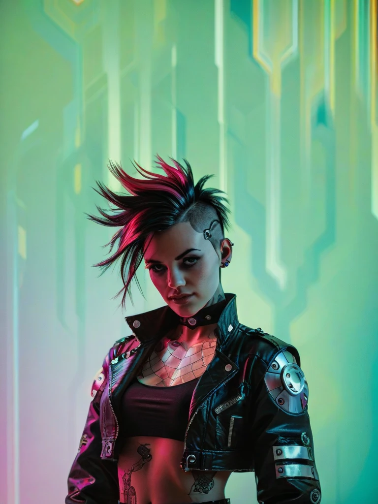 A photo of a rebellious cyberpunk female, with vibrant dyed hair and facial piercings. She wears a patched leather jacket adorned with rebellious cyberpunk symbols. The backdrop is a dystopian city street, filled with graffiti-covered walls and flickering neon signs. Acid rain pours from the sky, creating a gritty and atmospheric ambiance. The camera is positioned at eye level, capturing her defiant expression and the vibrant energy of the cyberpunk subculture. 7cy6er7p0nk9