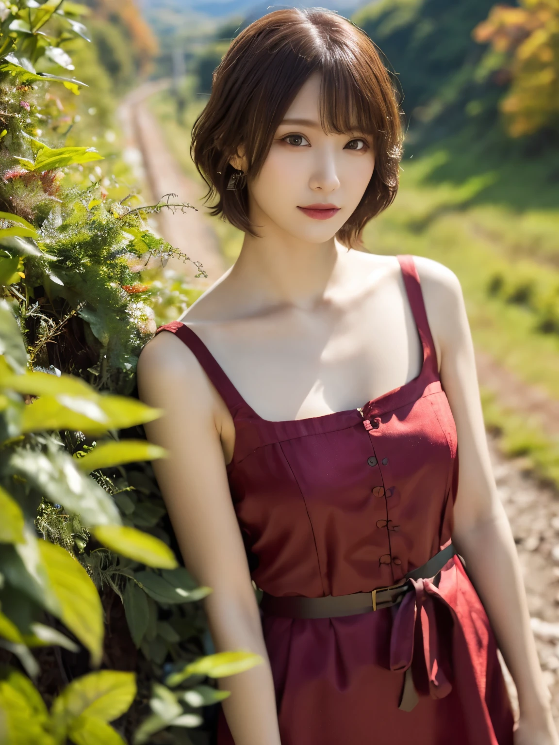 1 girl, A very beautiful portrait of a Japanese singer, ( Red Dress ), ( gothic makeup ),
(RAW Photo Best Quality), (Realistic, Realistic:1.4), (masterpiece),
Very detailed, 2k wallpaper, wonderful, finely, Very detailed, CG Unity 8k Wallpaper, Very detailed, high definition, Soft light,
Beautiful Girl Carefully Drawn in Every Detail, Very detailedな目と顔, Beautiful and Elegant Nose, beautiful beautiful eyes, Film Lighting, (Bromide photography ), (short hair), ( The girl is standing on an abandoned railway line in a rough mountainous area:1.2), ( covered with weeds and rusted railroad tracks ), (An unmanned home with no roof and weeds growing ), (Decayed sleeper ), (autumn leaves),
perfect anatomy, 細身の体, smaller breasts, Thin legs, whole body, I am so lonely,