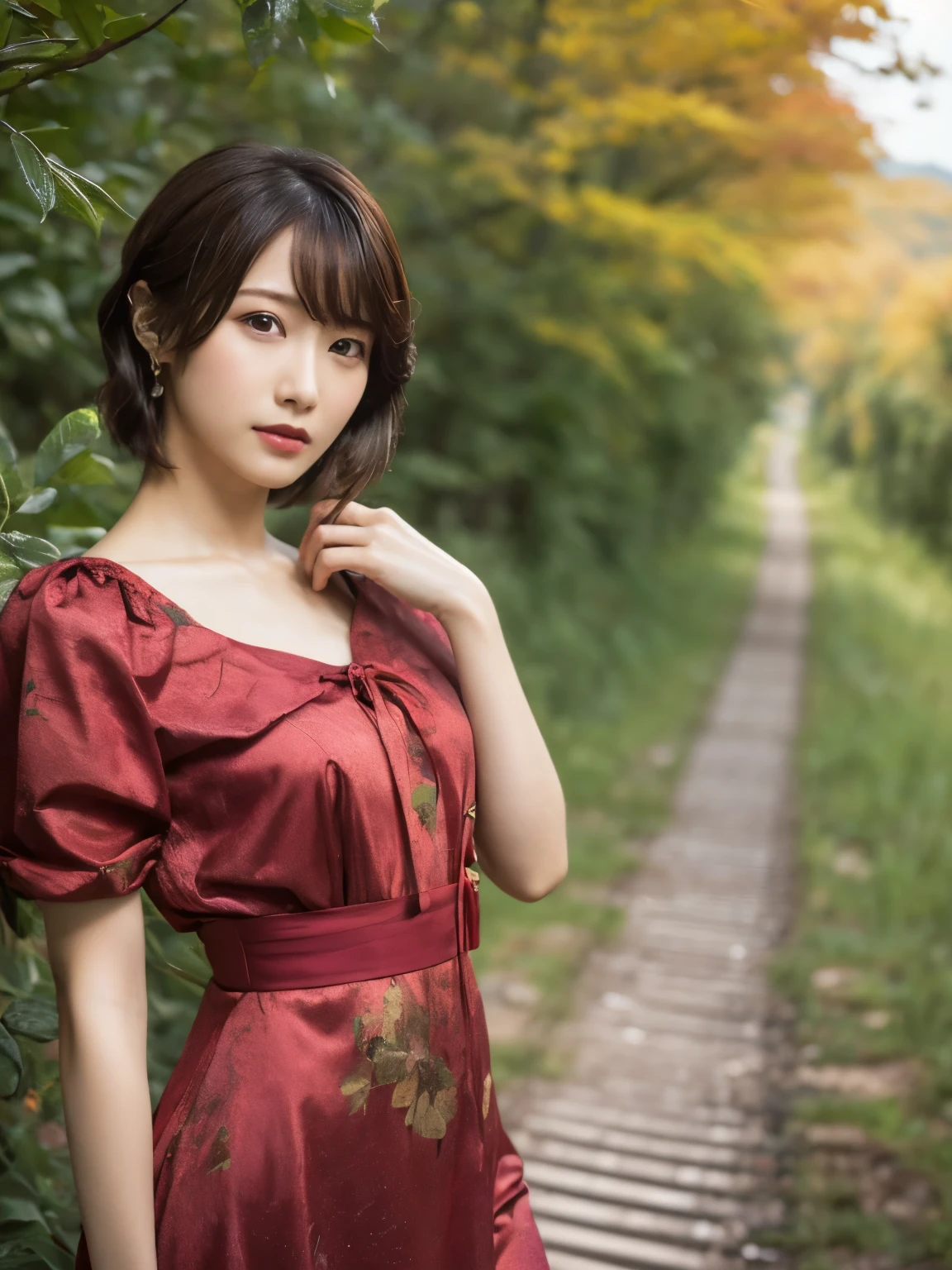 1 girl, A very beautiful portrait of a Japanese singer, ( Red Dress ), ( gothic makeup ),
(RAW Photo Best Quality), (Realistic, Realistic:1.4), (masterpiece),
Very detailed, 2k wallpaper, wonderful, finely, Very detailed, CG Unity 8k Wallpaper, Very detailed, high definition, Soft light,
Beautiful Girl Carefully Drawn in Every Detail, Very detailedな目と顔, Beautiful and Elegant Nose, beautiful beautiful eyes, Film Lighting, (Bromide photography ), (short hair), ( The girl is standing on an abandoned railway line in a rough mountainous area:1.2), ( covered with weeds and rusted railroad tracks ), (An unmanned home with no roof and weeds growing ), (Decayed sleeper ), (autumn leaves),
perfect anatomy, 細身の体, smaller breasts, Thin legs, whole body, I am so lonely,