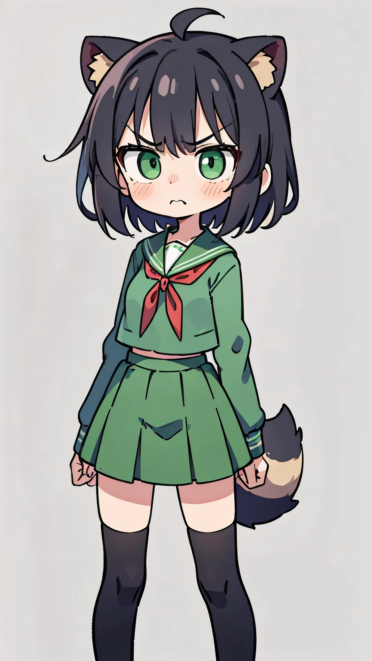 ANIME STYLE、cute face、 female、 Raccoon Ears、Raccoon Tail、black hair、 short hair、 Green Sailor Suit、red ribbon、Green Long Skirt、knee-high、simple background、green eyes、angry face