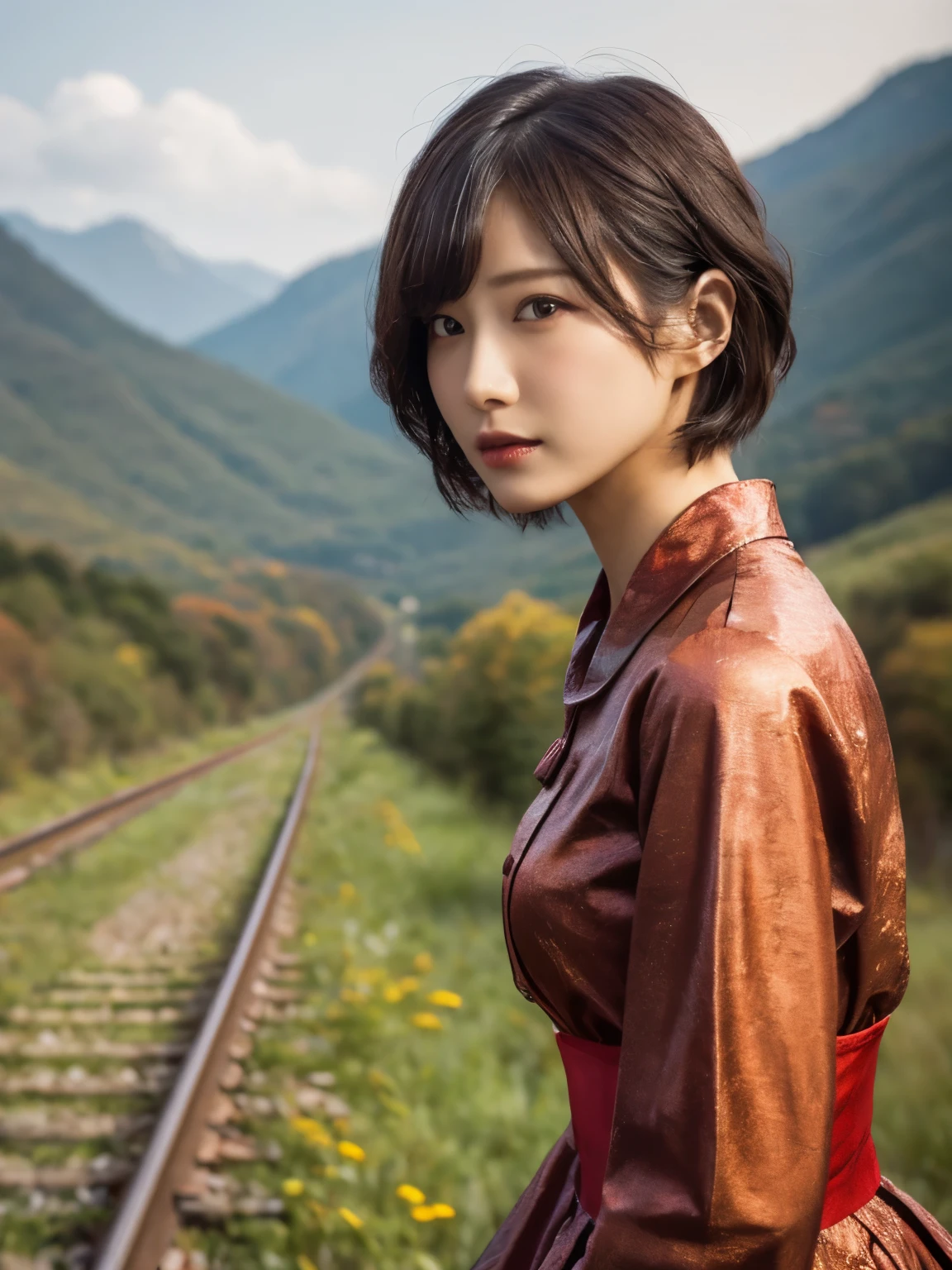 1 girl, A very beautiful portrait of a Japanese singer, ( Red Dress ), ( gothic makeup ),
(RAW Photo Best Quality), (Realistic, Realistic:1.4), (masterpiece),
Very detailed, 2k wallpaper, wonderful, finely, Very detailed, CG Unity 8k Wallpaper, Very detailed, high definition, Soft light,
Beautiful Girl Carefully Drawn in Every Detail, Very detailedな目と顔, Beautiful and Elegant Nose, beautiful beautiful eyes, Film Lighting, (Bromide photography ), (short hair), ( The girl is standing on an abandoned railway line in a rough mountainous area:1.2), ( covered with weeds and rusted railroad tracks ), (An unmanned home with no roof and weeds growing ), (Decayed sleeper ), (autumn leaves),
perfect anatomy, 細身の体, smaller breasts, Thin legs, whole body, I am so lonely,
